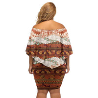 Aloha Hawaii Mikioi Lei Off Shoulder Short Dress Beige Tropical Flower Pattern - Polynesian Pride