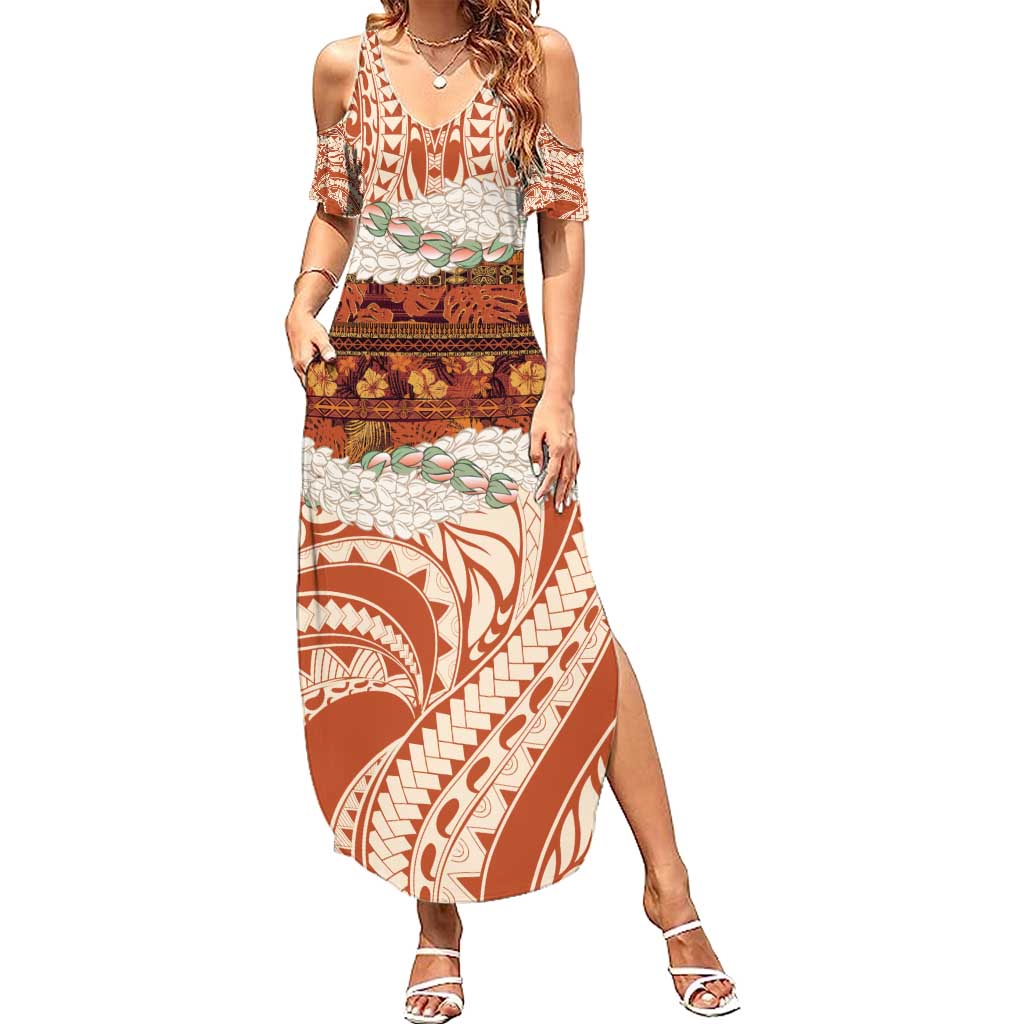 Aloha Hawaii Mikioi Lei Summer Maxi Dress Beige Tropical Flower Pattern - Polynesian Pride