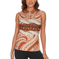 Aloha Hawaii Mikioi Lei Women Sleeveless Polo Shirt Beige Tropical Flower Pattern - Polynesian Pride