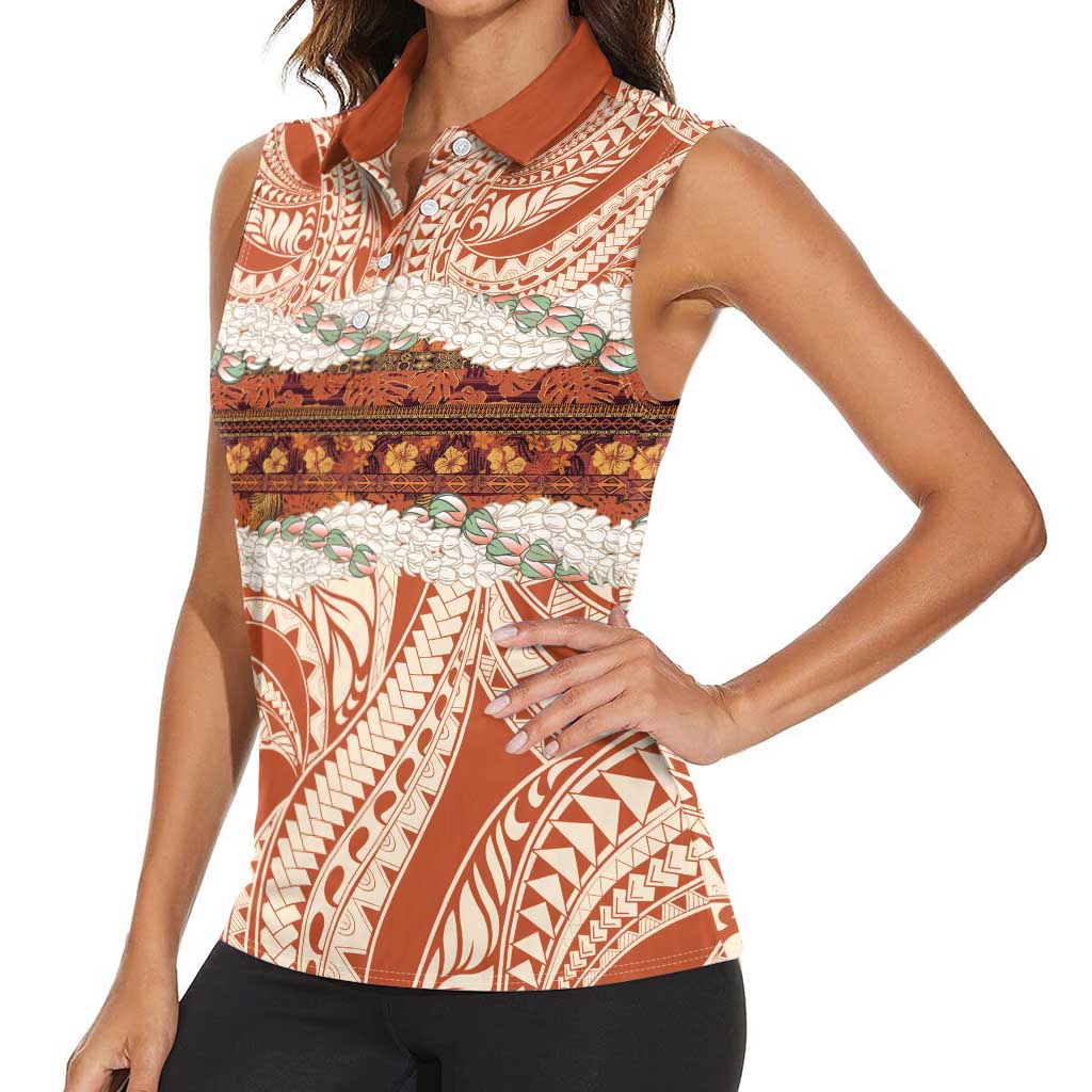 Aloha Hawaii Mikioi Lei Women Sleeveless Polo Shirt Beige Tropical Flower Pattern - Polynesian Pride