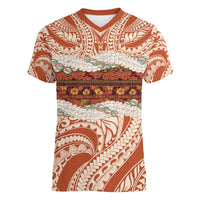 Aloha Hawaii Mikioi Lei Women V-Neck T-Shirt Beige Tropical Flower Pattern - Polynesian Pride