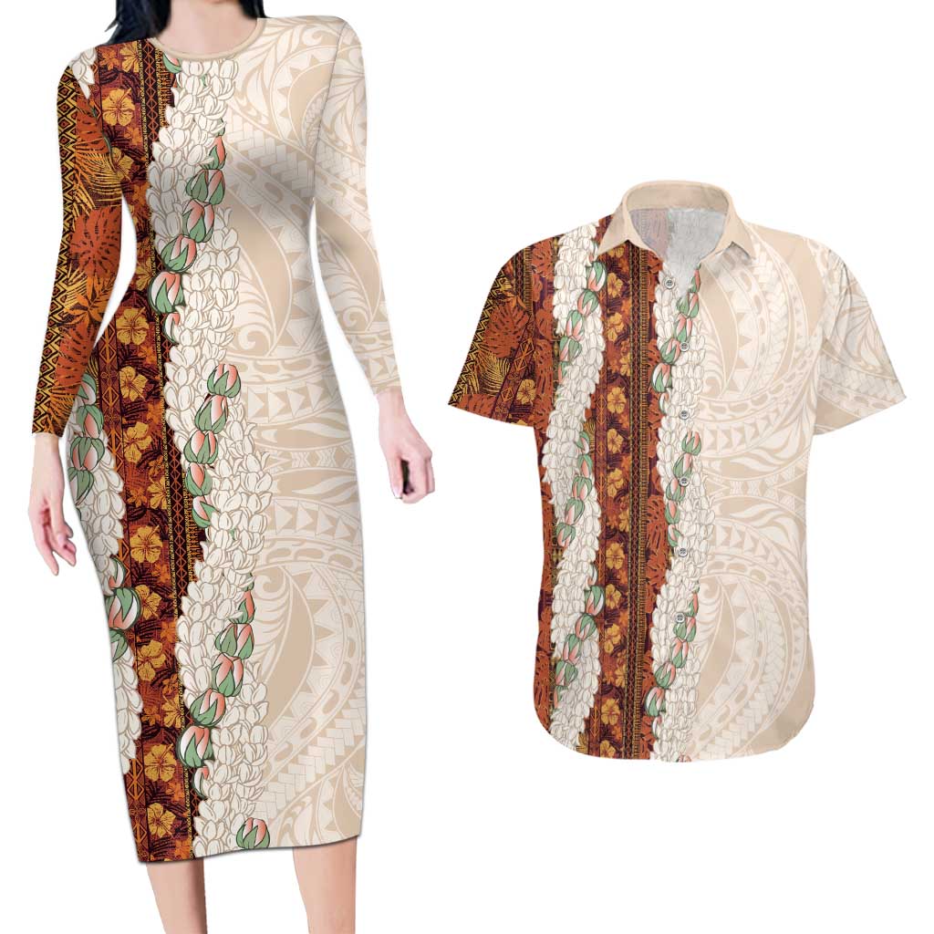 Aloha Hawaii Mikioi Lei Couples Matching Long Sleeve Bodycon Dress and Hawaiian Shirt Cattail Red Tropical Flower Pattern - Polynesian Pride