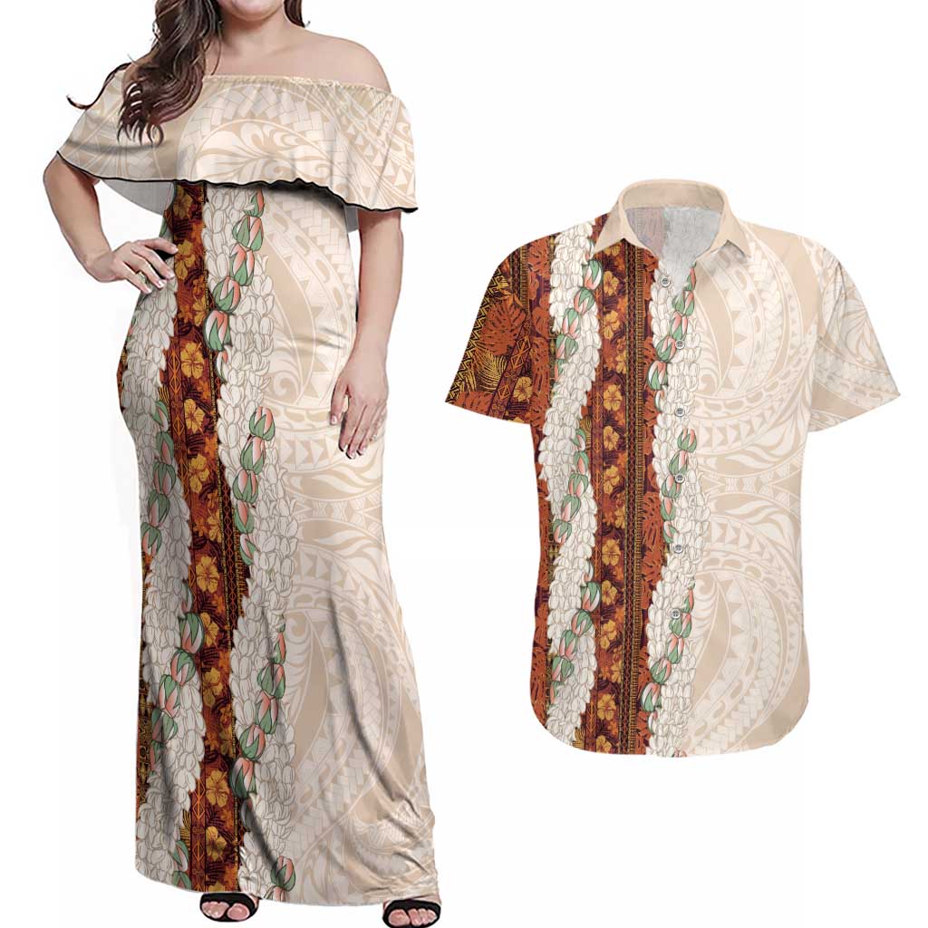 Aloha Hawaii Mikioi Lei Couples Matching Off Shoulder Maxi Dress and Hawaiian Shirt Cattail Red Tropical Flower Pattern - Polynesian Pride
