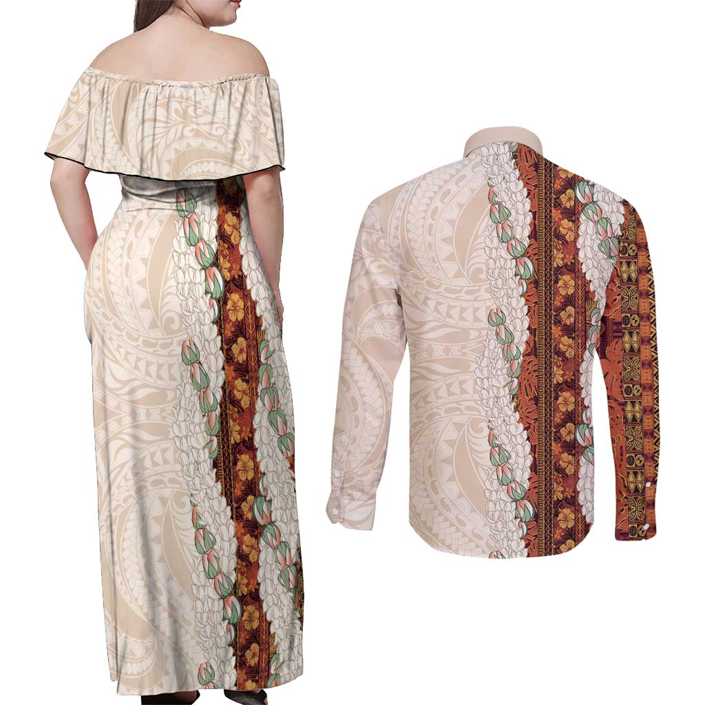 Aloha Hawaii Mikioi Lei Couples Matching Off Shoulder Maxi Dress and Long Sleeve Button Shirt Cattail Red Tropical Flower Pattern - Polynesian Pride