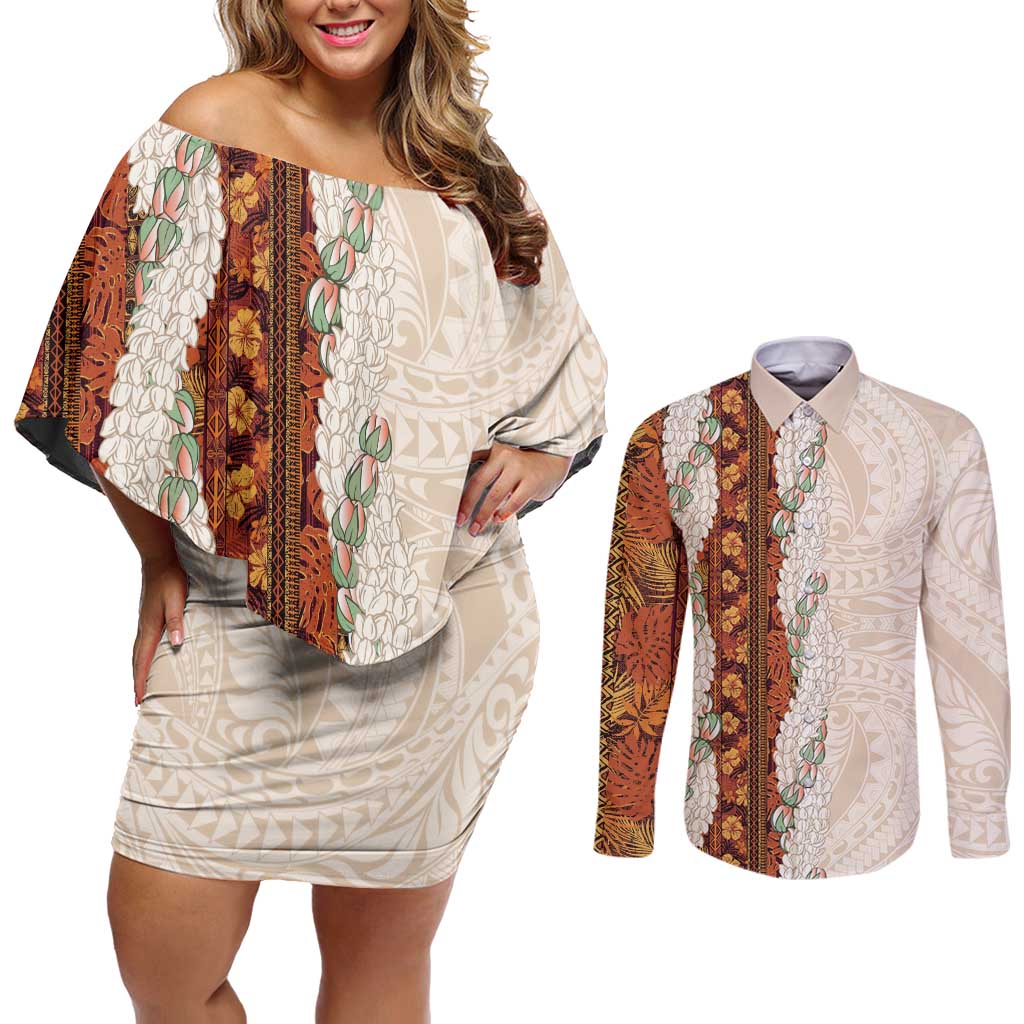 Aloha Hawaii Mikioi Lei Couples Matching Off Shoulder Short Dress and Long Sleeve Button Shirt Cattail Red Tropical Flower Pattern - Polynesian Pride