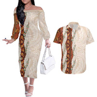 Aloha Hawaii Mikioi Lei Couples Matching Off The Shoulder Long Sleeve Dress and Hawaiian Shirt Cattail Red Tropical Flower Pattern - Polynesian Pride