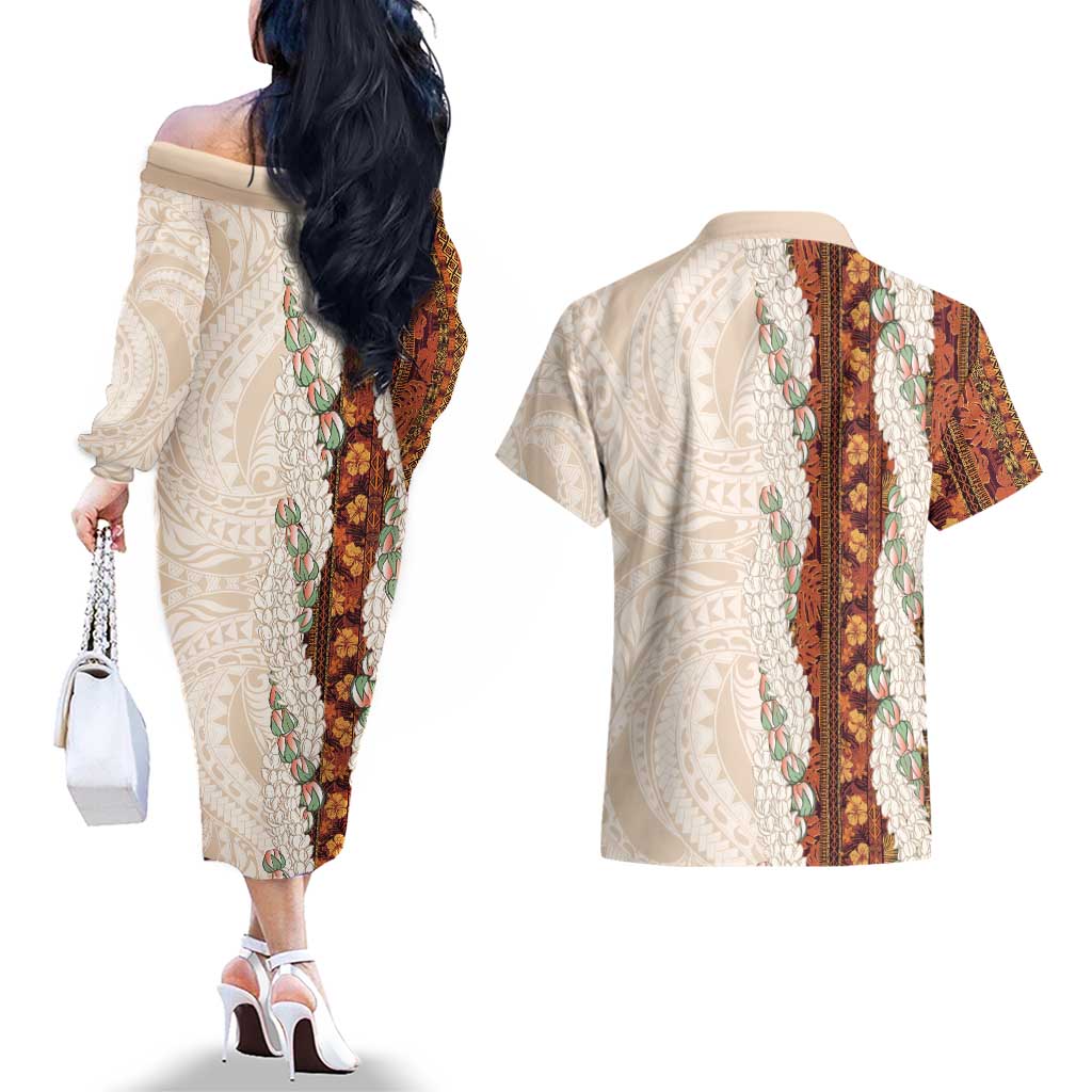 Aloha Hawaii Mikioi Lei Couples Matching Off The Shoulder Long Sleeve Dress and Hawaiian Shirt Cattail Red Tropical Flower Pattern - Polynesian Pride