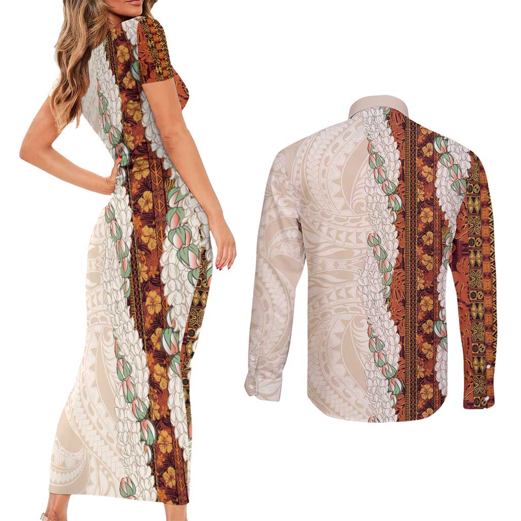 Aloha Hawaii Mikioi Lei Couples Matching Short Sleeve Bodycon Dress and Long Sleeve Button Shirt Cattail Red Tropical Flower Pattern - Polynesian Pride