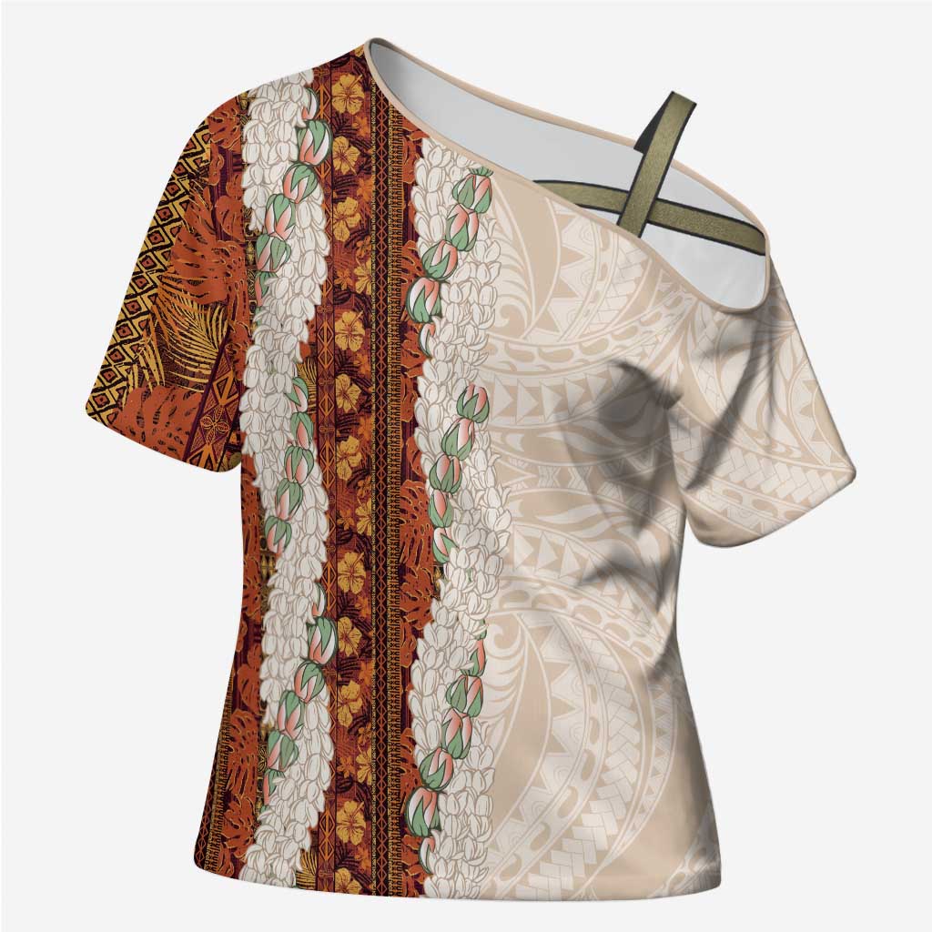 Aloha Hawaii Mikioi Lei Cross Shoulder Shirt Cattail Red Tropical Flower Pattern - Polynesian Pride