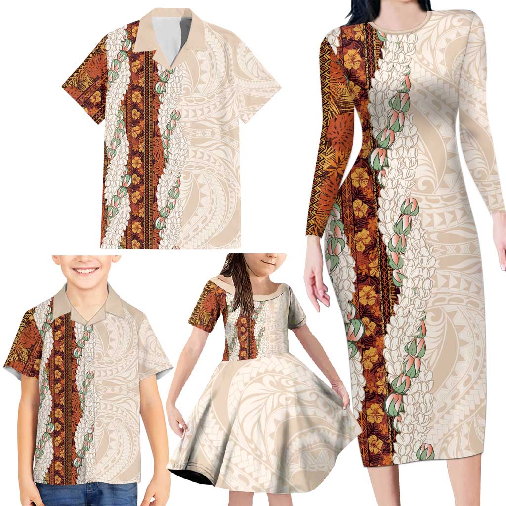 Aloha Hawaii Mikioi Lei Family Matching Long Sleeve Bodycon Dress and Hawaiian Shirt Cattail Red Tropical Flower Pattern - Polynesian Pride