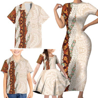 Aloha Hawaii Mikioi Lei Family Matching Short Sleeve Bodycon Dress and Hawaiian Shirt Cattail Red Tropical Flower Pattern - Polynesian Pride