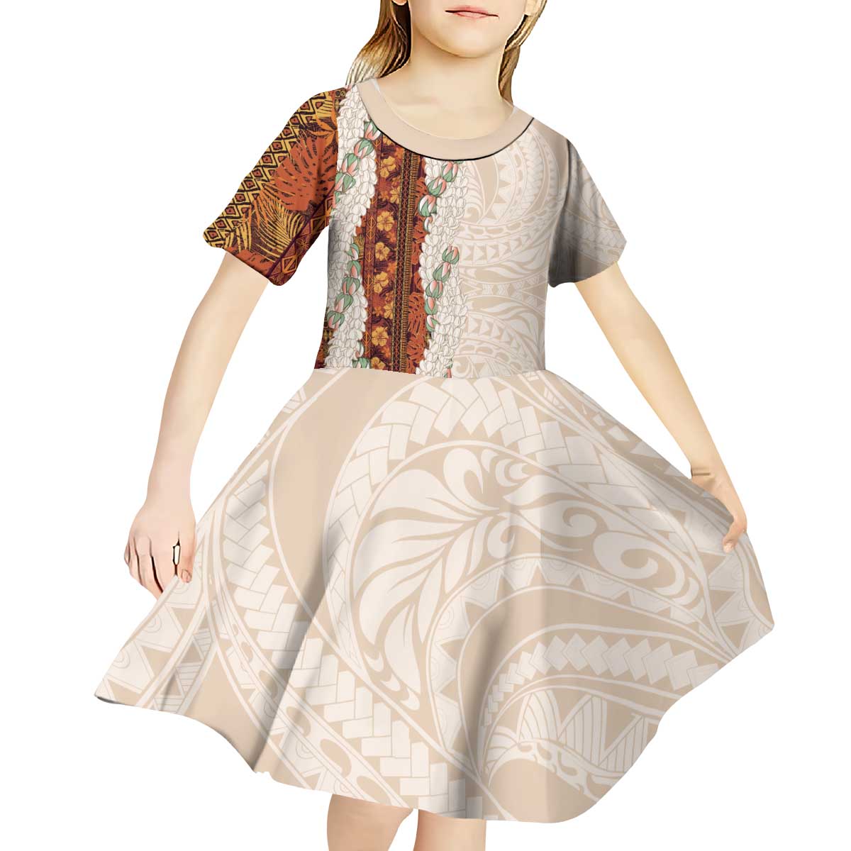 Aloha Hawaii Mikioi Lei Kid Short Sleeve Dress Cattail Red Tropical Flower Pattern - Polynesian Pride