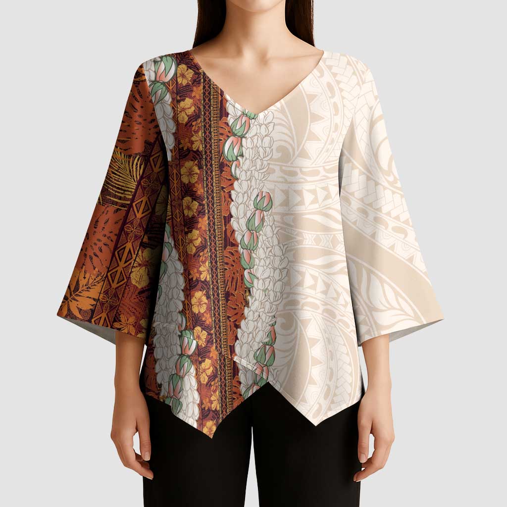 Aloha Hawaii Mikioi Lei Kimono Sleeve Blouse Cattail Red Tropical Flower Pattern - Polynesian Pride