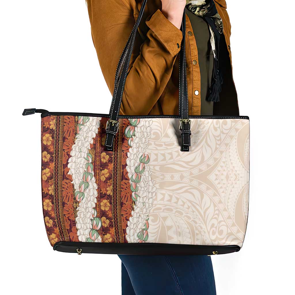 Aloha Hawaii Mikioi Lei Leather Tote Bag Cattail Red Tropical Flower Pattern - Polynesian Pride