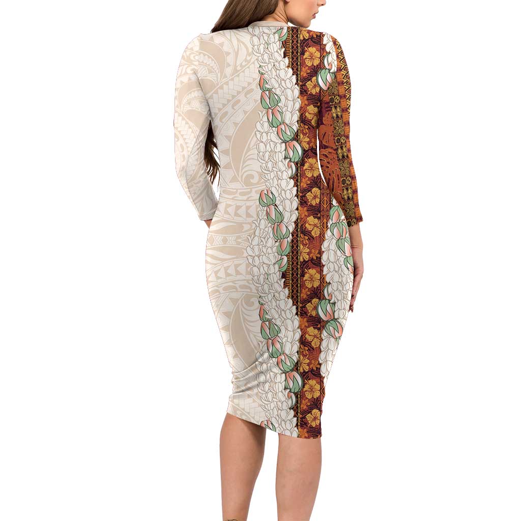 Aloha Hawaii Mikioi Lei Long Sleeve Bodycon Dress Cattail Red Tropical Flower Pattern - Polynesian Pride