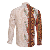 Aloha Hawaii Mikioi Lei Long Sleeve Button Shirt Cattail Red Tropical Flower Pattern - Polynesian Pride