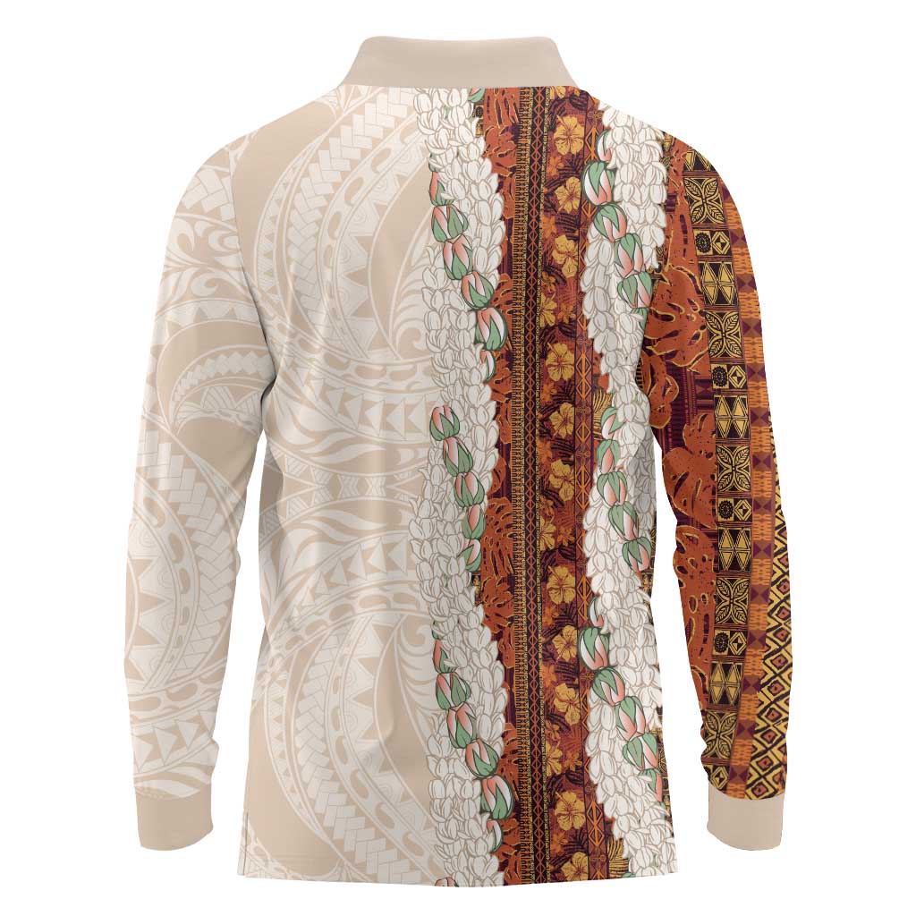 Aloha Hawaii Mikioi Lei Long Sleeve Polo Shirt Cattail Red Tropical Flower Pattern - Polynesian Pride