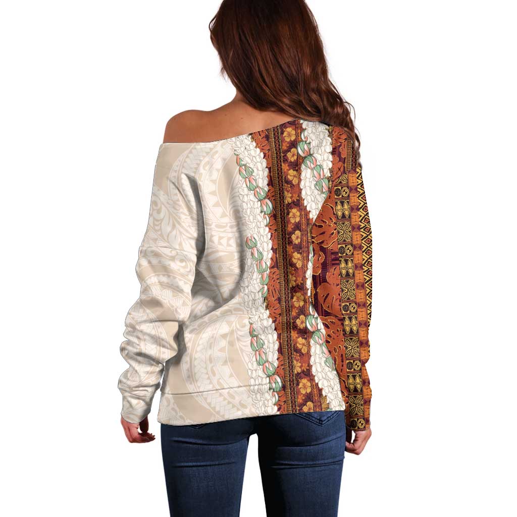 Aloha Hawaii Mikioi Lei Off Shoulder Sweater Cattail Red Tropical Flower Pattern - Polynesian Pride