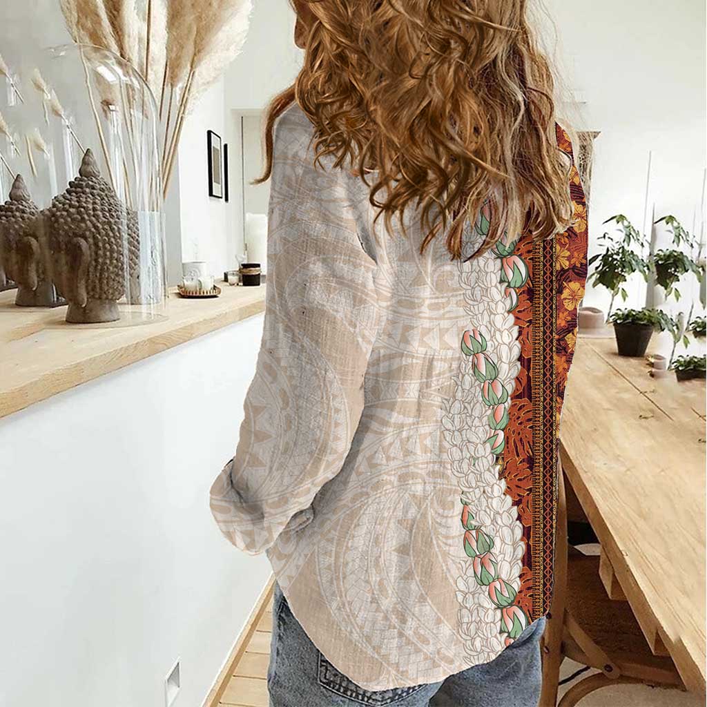 Aloha Hawaii Mikioi Lei Women Casual Shirt Cattail Red Tropical Flower Pattern - Polynesian Pride