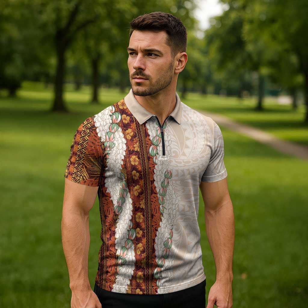Aloha Hawaii Mikioi Lei Zipper Polo Shirt Cattail Red Tropical Flower Pattern - Polynesian Pride