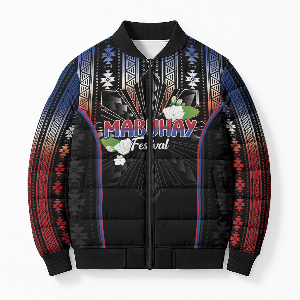 Mabuhay Philippines Festival Bomber Puffer Jacket Filipino Map Sampaguita Igorot Pattern