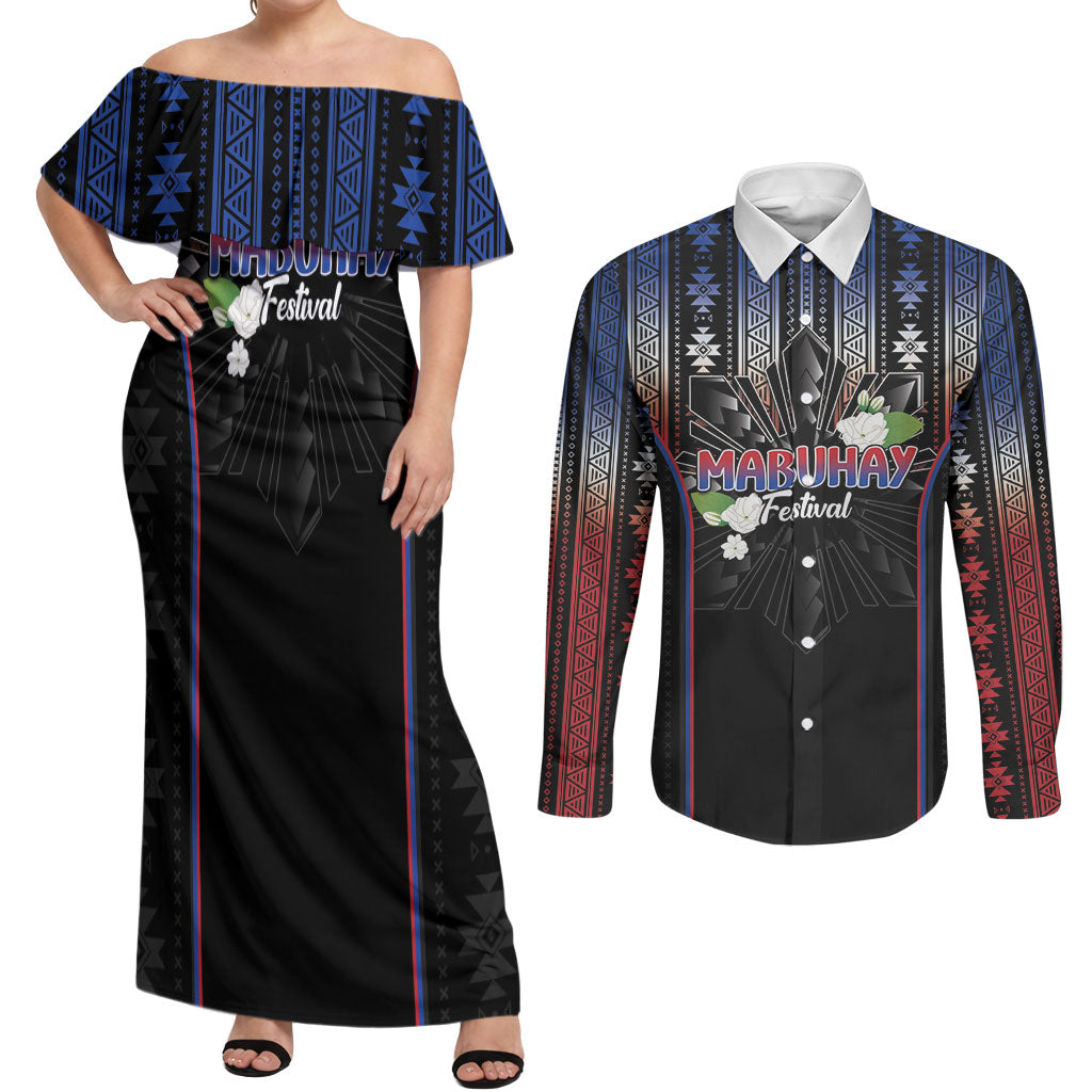 Mabuhay Philippines Festival Couples Matching Off Shoulder Maxi Dress and Long Sleeve Button Shirt Filipino Map Sampaguita Igorot Pattern