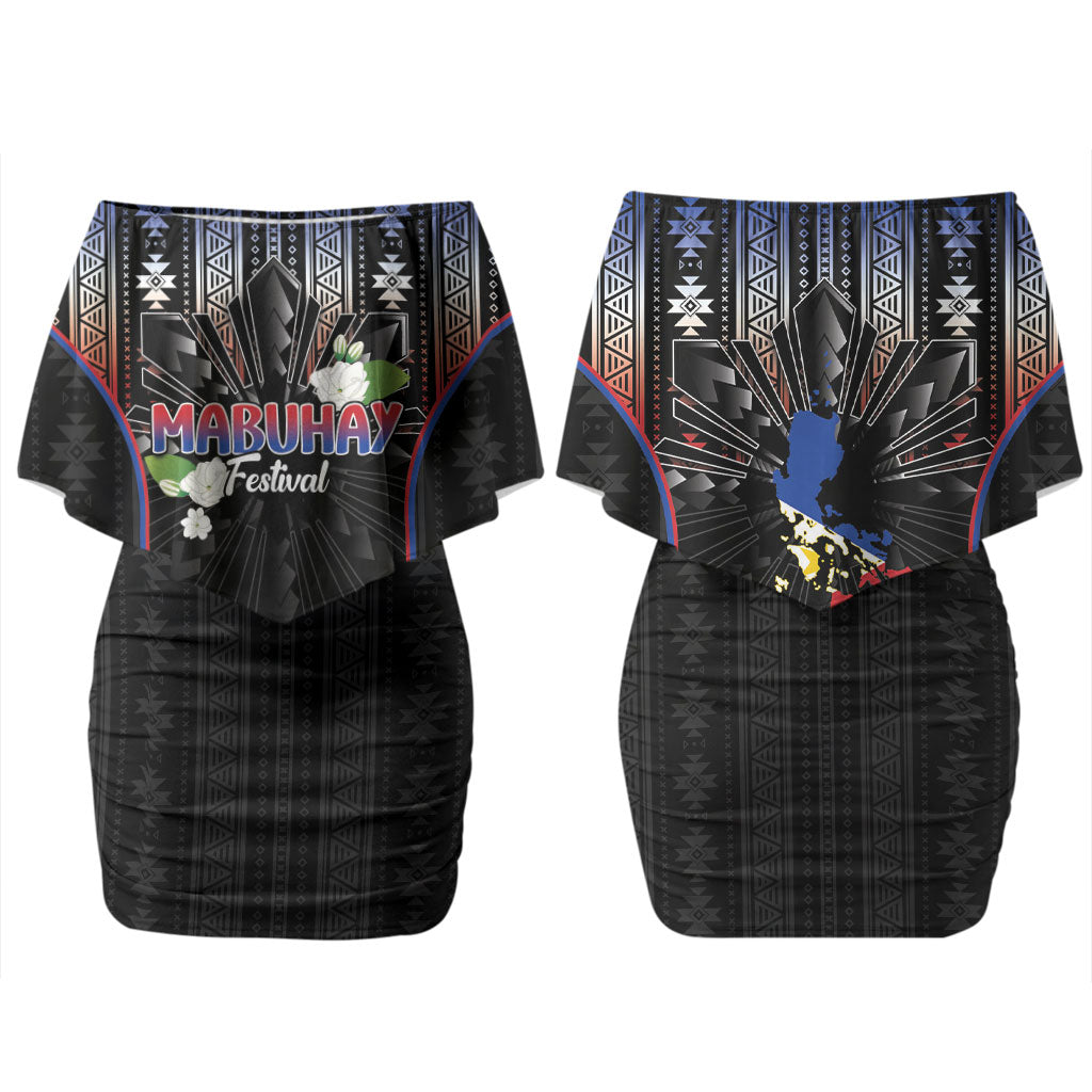 Mabuhay Philippines Festival Couples Matching Off Shoulder Short Dress and Long Sleeve Button Shirt Filipino Map Sampaguita Igorot Pattern LT14 - Polynesian Pride