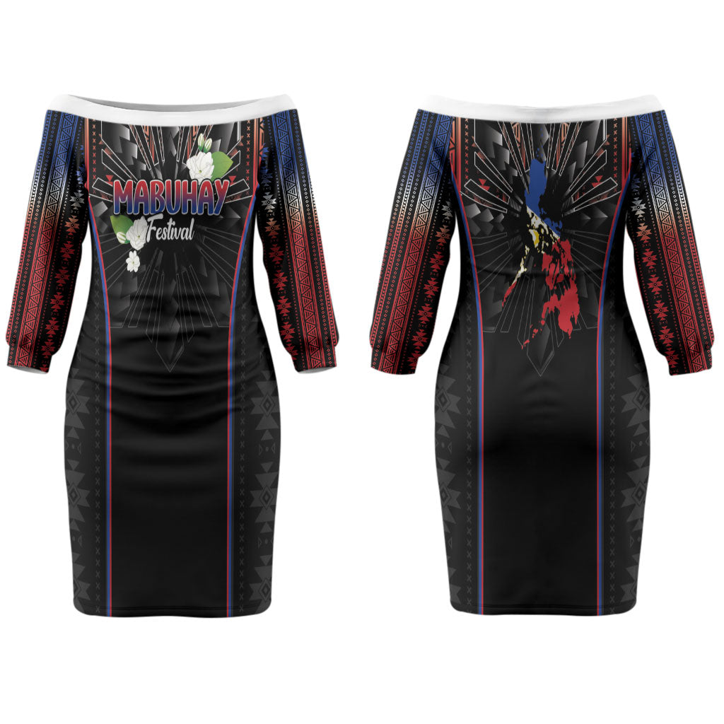 Mabuhay Philippines Festival Couples Matching Off The Shoulder Long Sleeve Dress and Hawaiian Shirt Filipino Map Sampaguita Igorot Pattern LT14 - Polynesian Pride