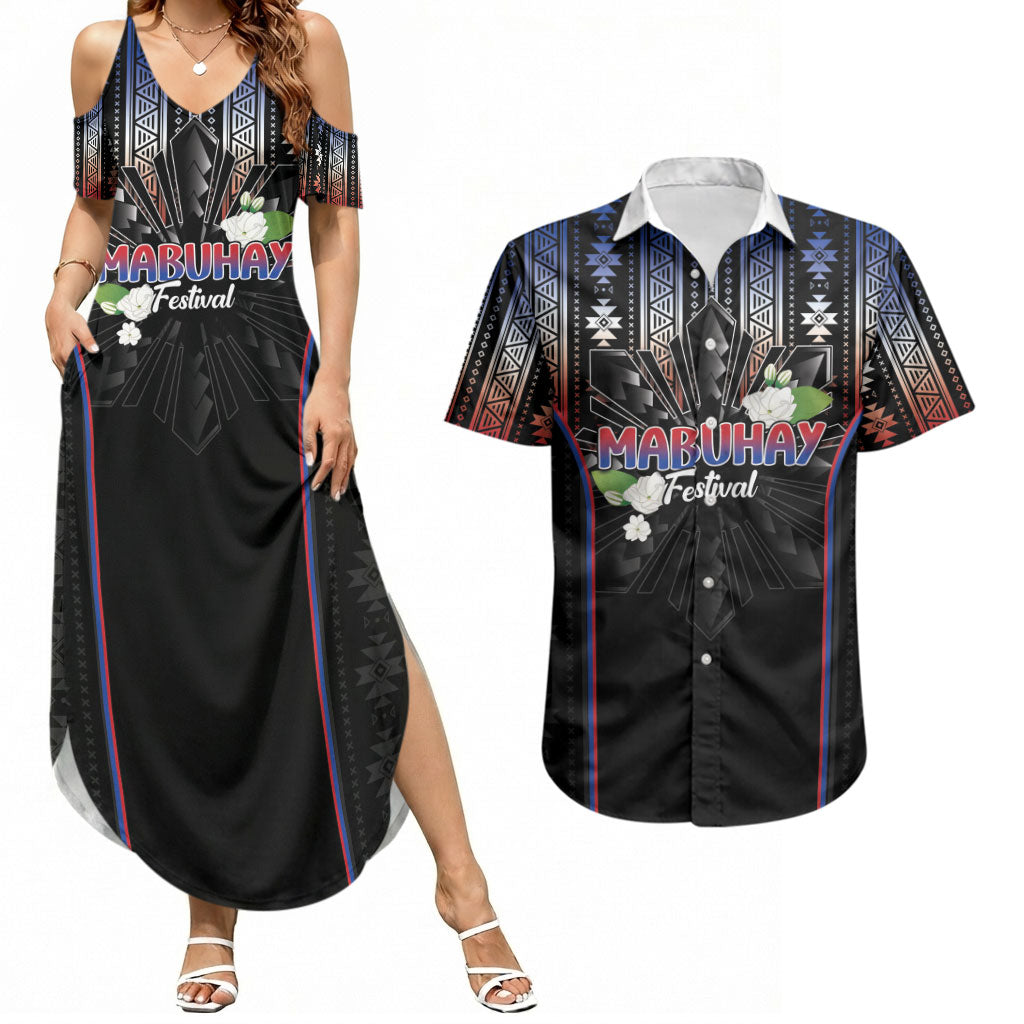 Mabuhay Philippines Festival Couples Matching Summer Maxi Dress and Hawaiian Shirt Filipino Map Sampaguita Igorot Pattern LT14 Black - Polynesian Pride