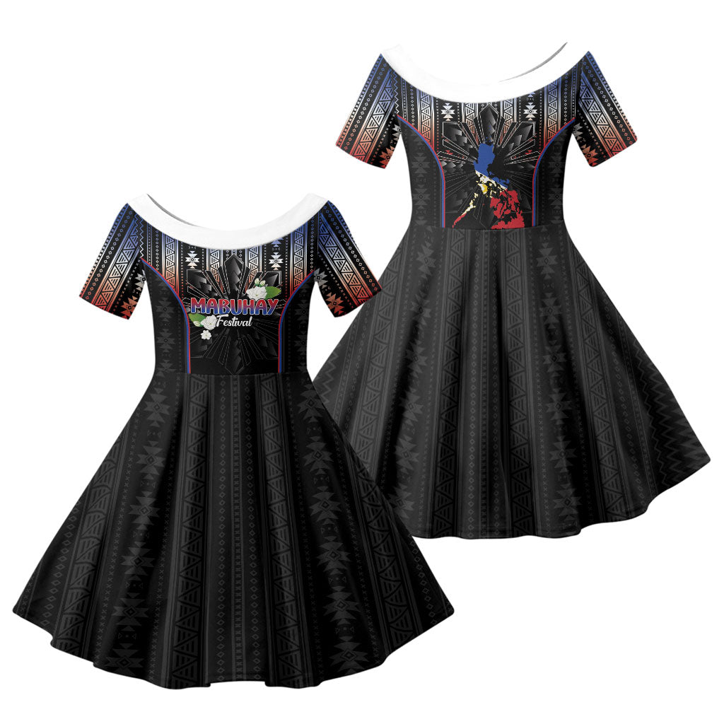 Mabuhay Philippines Festival Family Matching Off Shoulder Maxi Dress and Hawaiian Shirt Filipino Map Sampaguita Igorot Pattern LT14 Daughter's Dress Black - Polynesian Pride