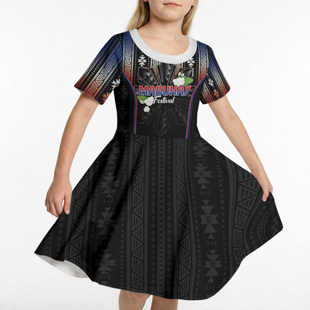 Mabuhay Philippines Festival Kid Short Sleeve Dress Filipino Map Sampaguita Igorot Pattern LT14 - Polynesian Pride