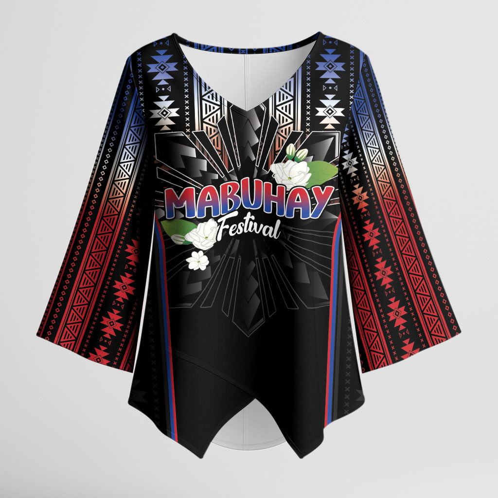 Mabuhay Philippines Festival Kimono Sleeve Blouse Filipino Map Sampaguita Igorot Pattern LT14 Female Black - Polynesian Pride
