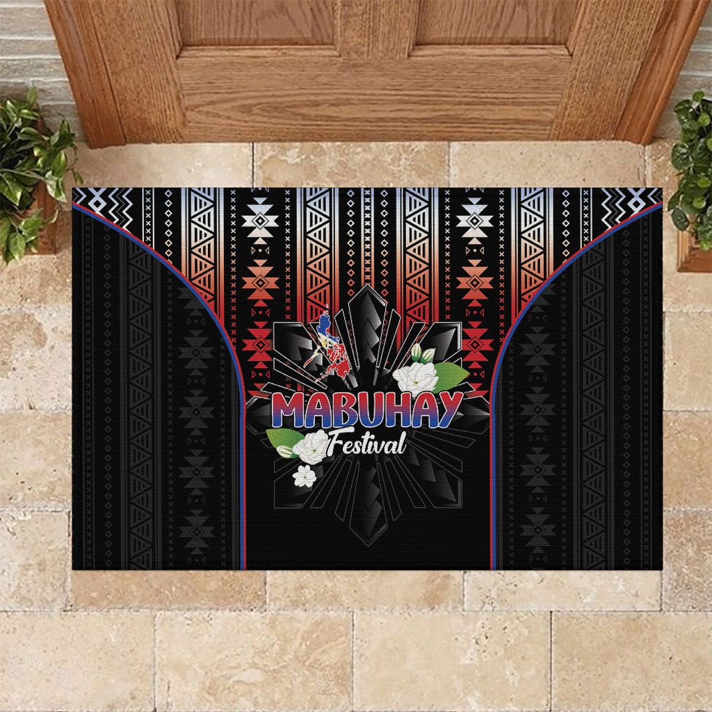Mabuhay Philippines Festival Rubber Doormat Filipino Map Sampaguita Igorot Pattern LT14 Black - Polynesian Pride