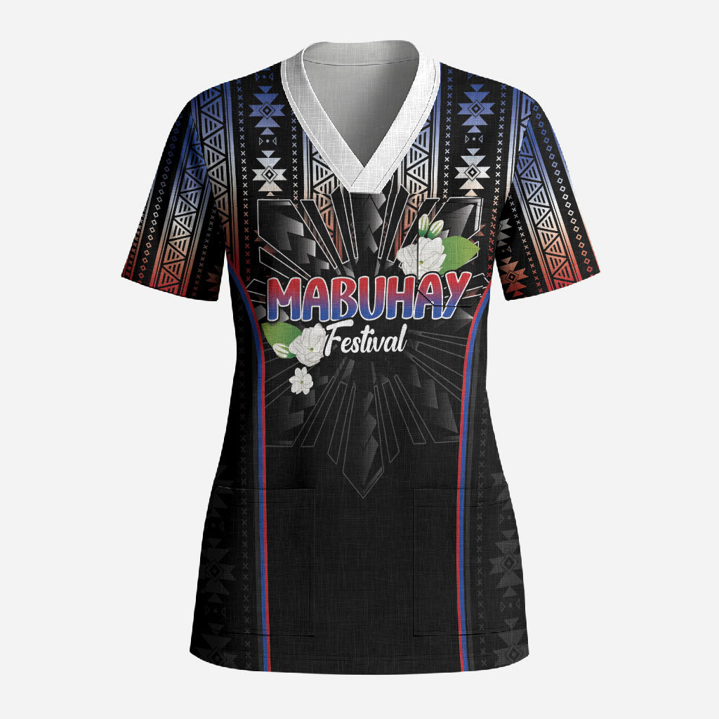 Mabuhay Philippines Festival Scrub Top Filipino Map Sampaguita Igorot Pattern LT14 Adult Black - Polynesian Pride