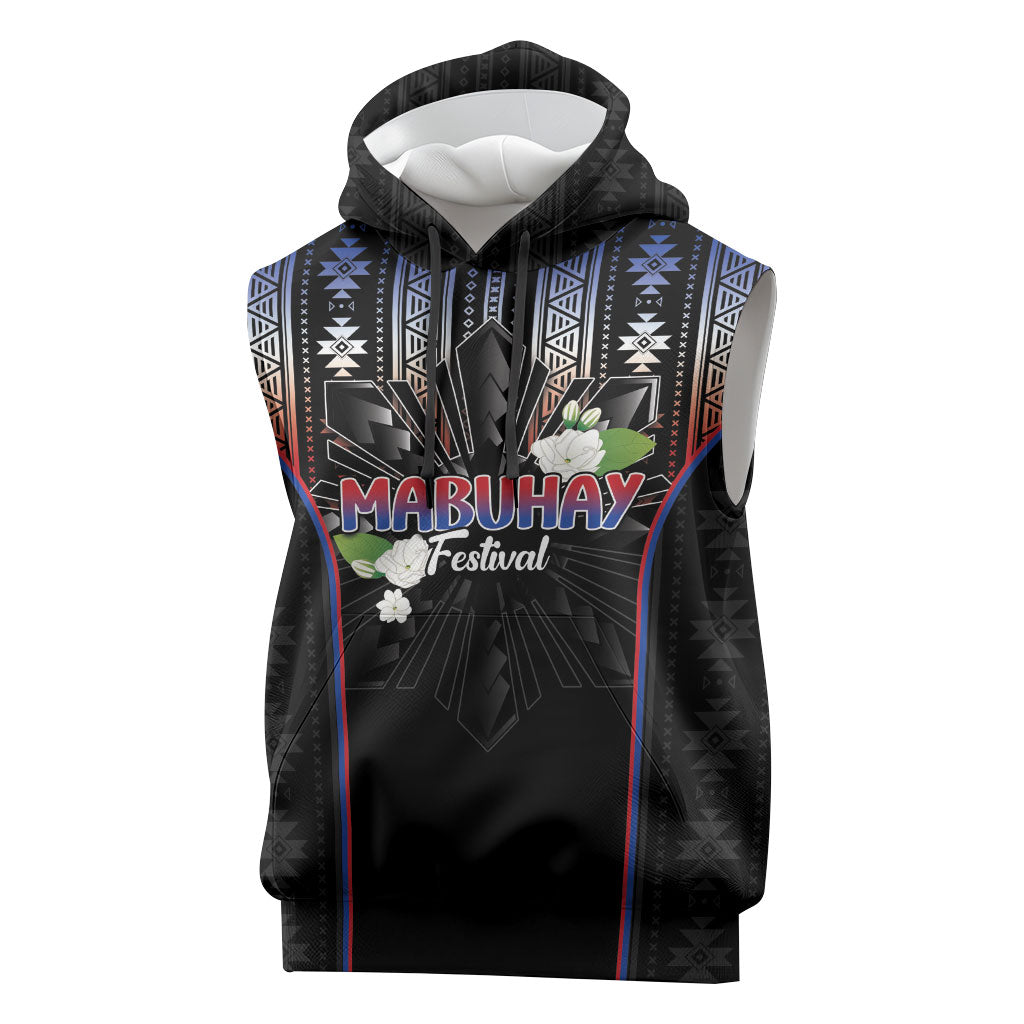 Mabuhay Philippines Festival Sleeveless Hoodie Filipino Map Sampaguita Igorot Pattern LT14 Black - Polynesian Pride