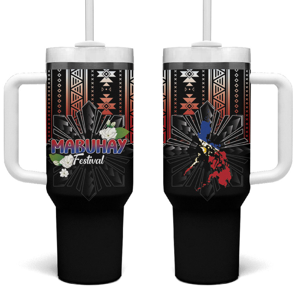 Mabuhay Philippines Festival Tumbler With Handle Filipino Map Sampaguita Igorot Pattern LT14 One Size: 40 oz Black - Polynesian Pride