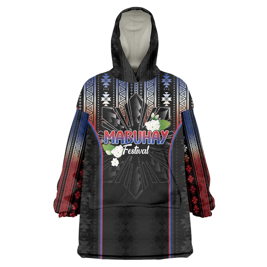 Mabuhay Philippines Festival Wearable Blanket Hoodie Filipino Map Sampaguita Igorot Pattern LT14 One Size Black - Polynesian Pride
