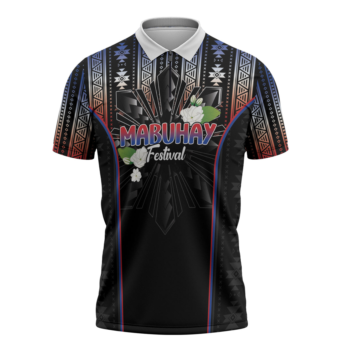 Mabuhay Philippines Festival Zipper Polo Shirt Filipino Map Sampaguita Igorot Pattern LT14 Black - Polynesian Pride