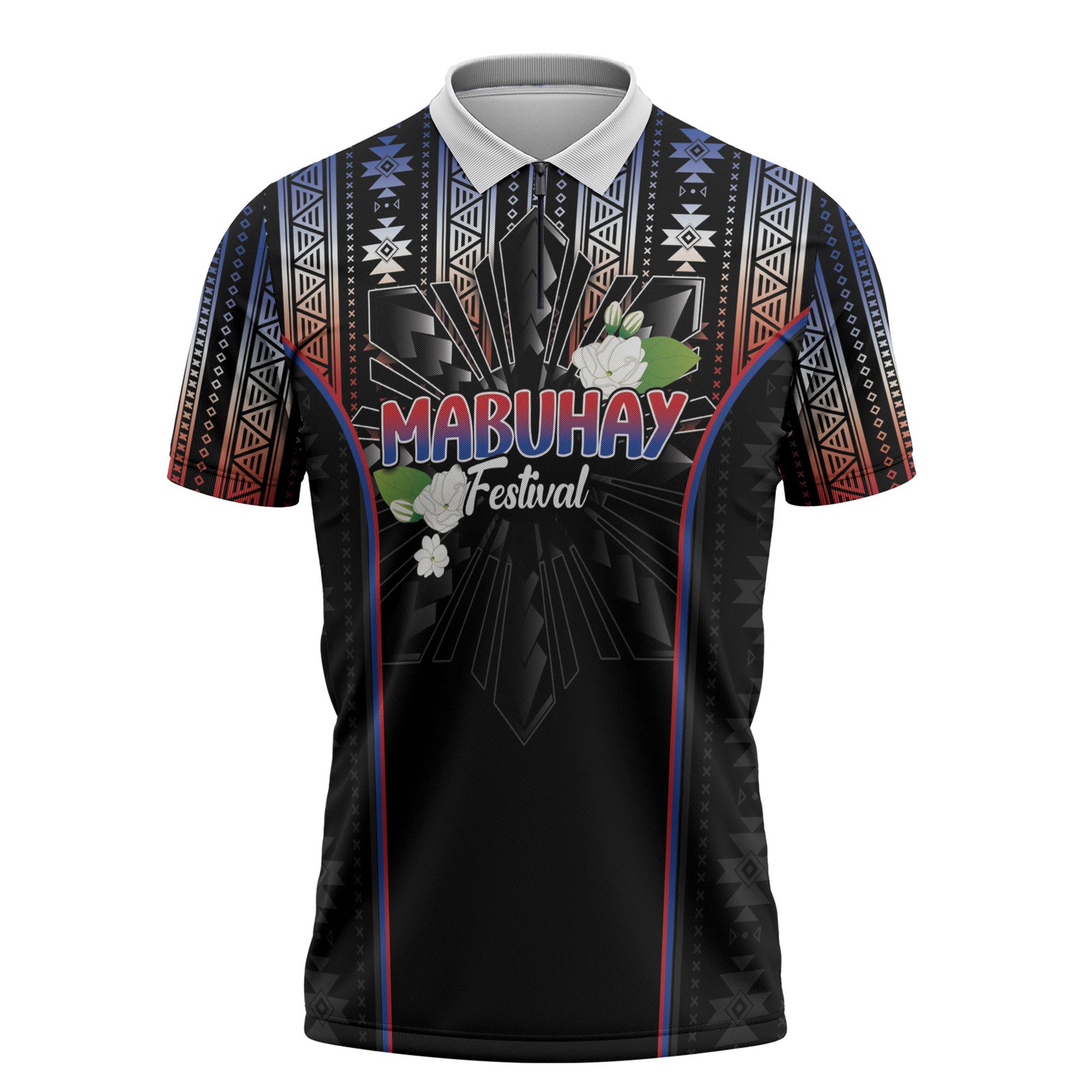 Mabuhay Philippines Festival Zipper Polo Shirt Filipino Map Sampaguita Igorot Pattern