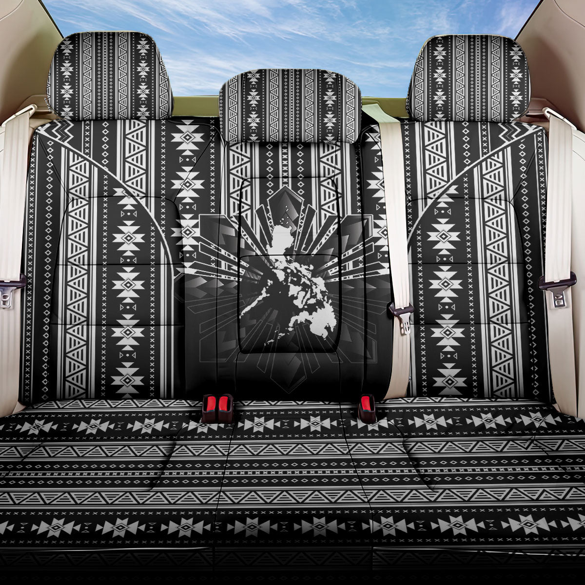 Mabuhay Philippines Festival Back Car Seat Cover Filipino Map Black White Igorot Pattern LT14 One Size Black - Polynesian Pride