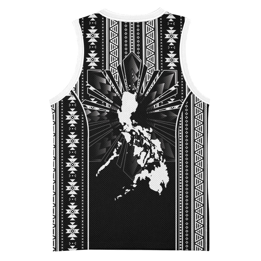 Mabuhay Philippines Festival Basketball Jersey Filipino Map Black White Igorot Pattern LT14 - Polynesian Pride