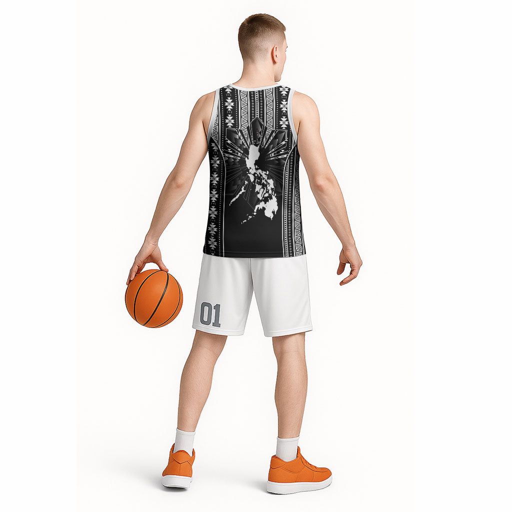 Mabuhay Philippines Festival Basketball Jersey Filipino Map Black White Igorot Pattern LT14 - Polynesian Pride