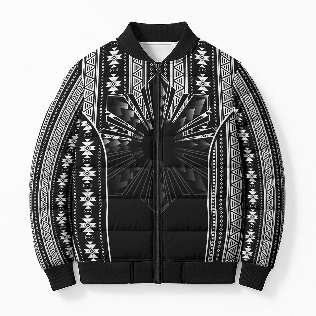 Mabuhay Philippines Festival Bomber Puffer Jacket Filipino Map Black White Igorot Pattern