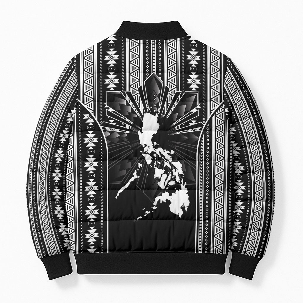 Mabuhay Philippines Festival Bomber Puffer Jacket Filipino Map Black White Igorot Pattern