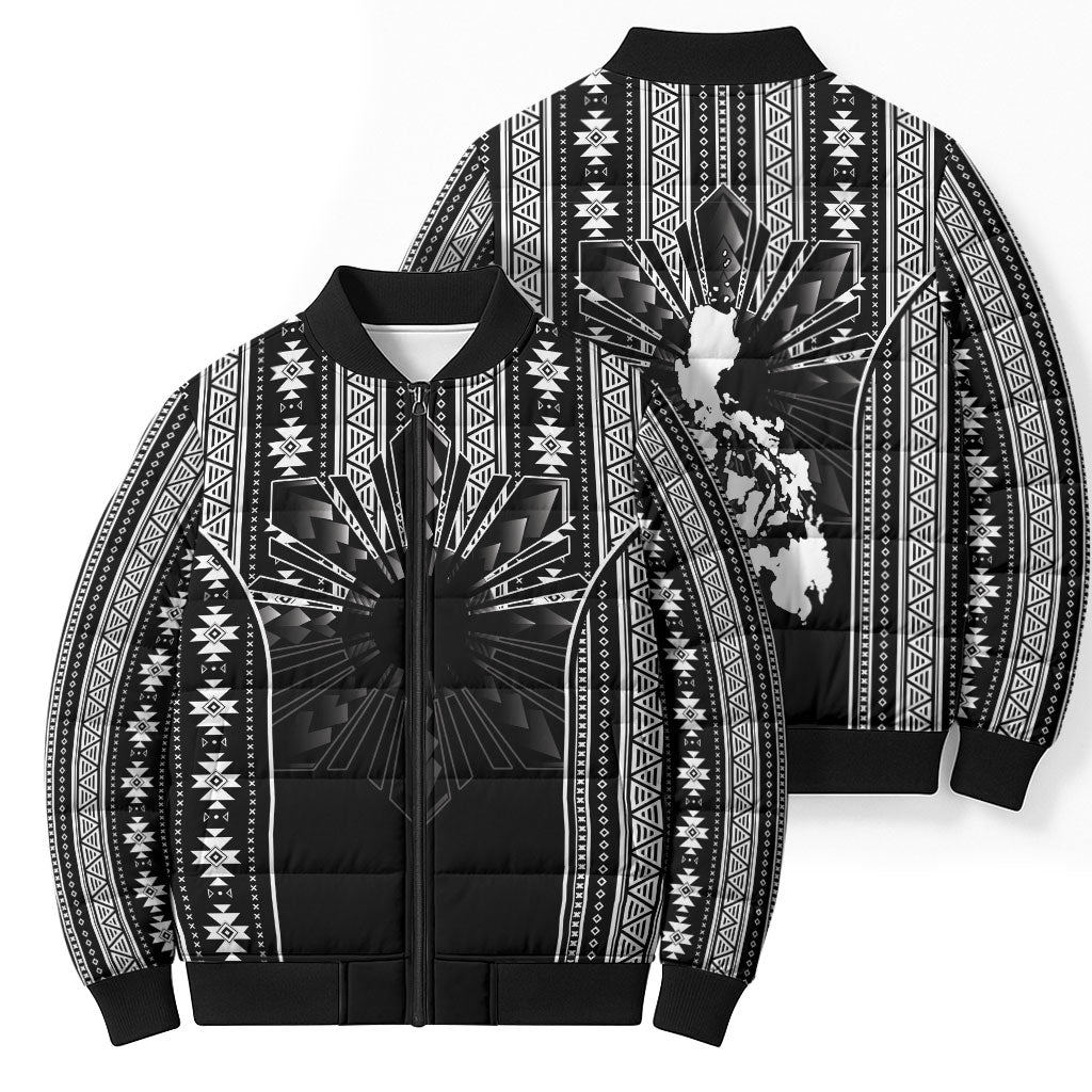 Mabuhay Philippines Festival Bomber Puffer Jacket Filipino Map Black White Igorot Pattern
