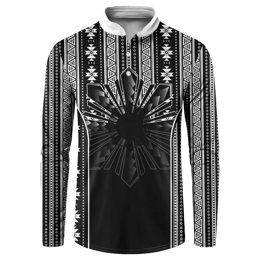 Mabuhay Philippines Festival Button Sweatshirt Filipino Map Black White Igorot Pattern LT14 Black - Polynesian Pride