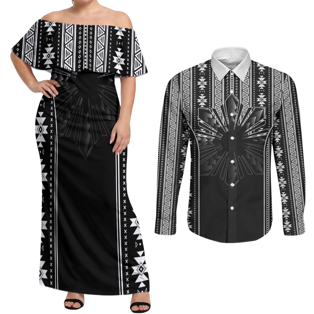 Mabuhay Philippines Festival Couples Matching Off Shoulder Maxi Dress and Long Sleeve Button Shirt Filipino Map Black White Igorot Pattern