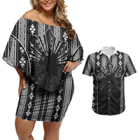 Mabuhay Philippines Festival Couples Matching Off Shoulder Short Dress and Hawaiian Shirt Filipino Map Black White Igorot Pattern LT14 Black - Polynesian Pride