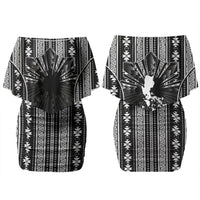 Mabuhay Philippines Festival Couples Matching Off Shoulder Short Dress and Long Sleeve Button Shirt Filipino Map Black White Igorot Pattern LT14 - Polynesian Pride