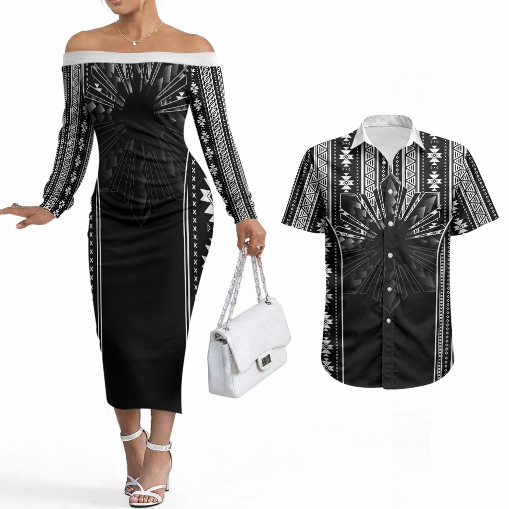 Mabuhay Philippines Festival Couples Matching Off The Shoulder Long Sleeve Dress and Hawaiian Shirt Filipino Map Black White Igorot Pattern LT14 Black - Polynesian Pride